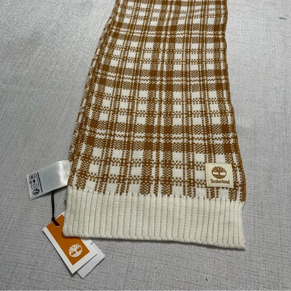 Timberland Scarf - Tan & White Houndstooth Plaid Cozy Winter Holiday Neutral NWT